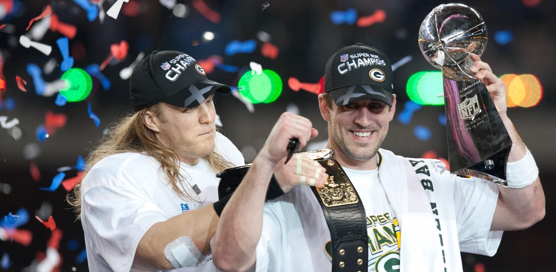 2011 Super Bowl celebration. Aaron Rodgers and Clay Matthews with the trophy.